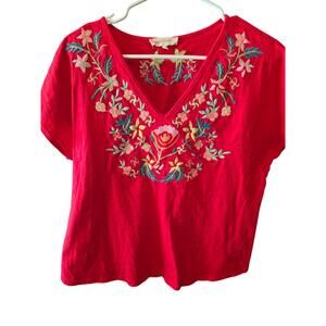 Solitaire Boxy Fit Embroidered Top L Womens Red V Neck Cottage Core Coquette